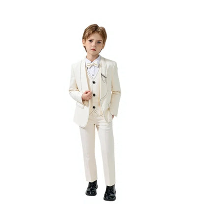Children's Beige Blazer Set Kids Formal Wedding Birthday Party Suit Set Boys Jacket Vest Pants Bowtie Brooch 5Pieces Clothes Set