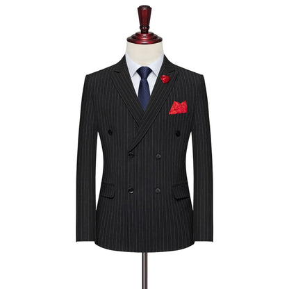 Plus Size Men Suit Set Black Striped 2‑Piece Elastic Loose Fit Double Breasted Formal Suit Set For Wedding Banquet Business Wear