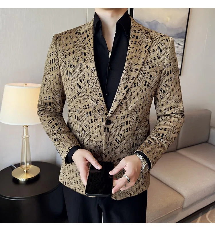 Korean Slim Fit Casual Suit Jacket for Men Fashion Camouflage Business Social Blazers Wedding Streetwear Dress Coat Men Clothing