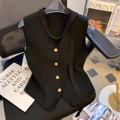 Female Light luxury Waistcoat Tops Korean Ladies Fashion Solid Color Vest Coat Summer Women Lace V-neck Ribbon Knit Sleeveless