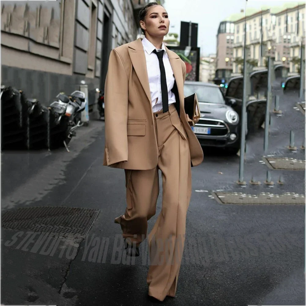Fashion Street Style Women's Suit 2 Pieces Oversized Peaked Lapel Split Hem Wide Leg Pants Outfit Loose Casual Blazer Set