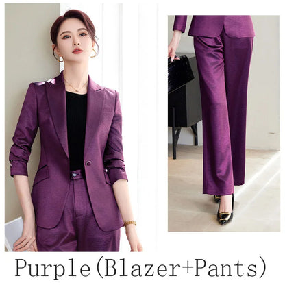 High Quality Women Purplish Red Pant Suit Female Solid Single Button Blazer and Trouser 2 Piece Set For Office Ladies Work Wear