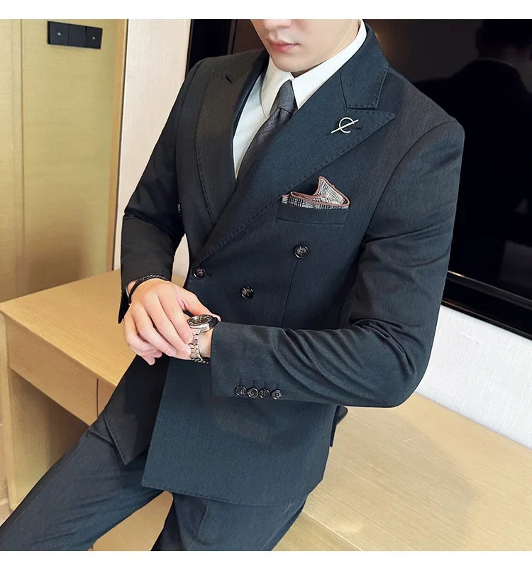 (Jackets +Pants ) Men's Suits 2 Piece High-Quality Double Breasted Lapel Solid Business Groom Wedding Tuxedo Banquet Clothing