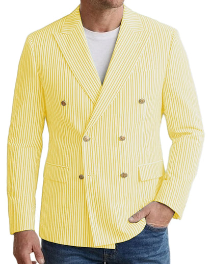 Vintage Men's Striped Double Breasted Blazer Casual Business Suit Jacket Lightweight Notched Lapel Sport Coat Wedding Party Wear