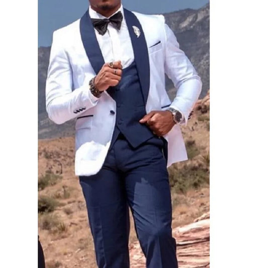 Men Suits Navy Blue and White Groom Tuxedos Shawl Lapel Groomsmen 3 Pieces Set ( Jacket+Pants+Vest )