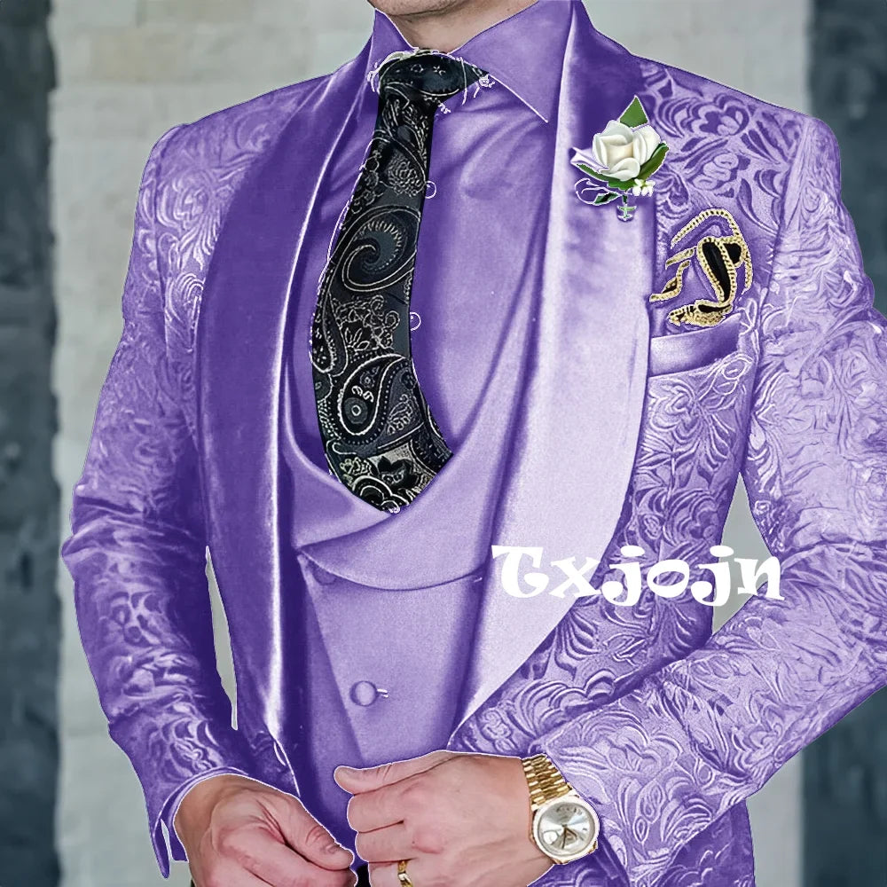 Exquisite jacquard Men's 3-piece Suits Wedding Groom Sets Handsome Shawl Lapel Suit Set Dancing Wear Formal Tuxedo For Business