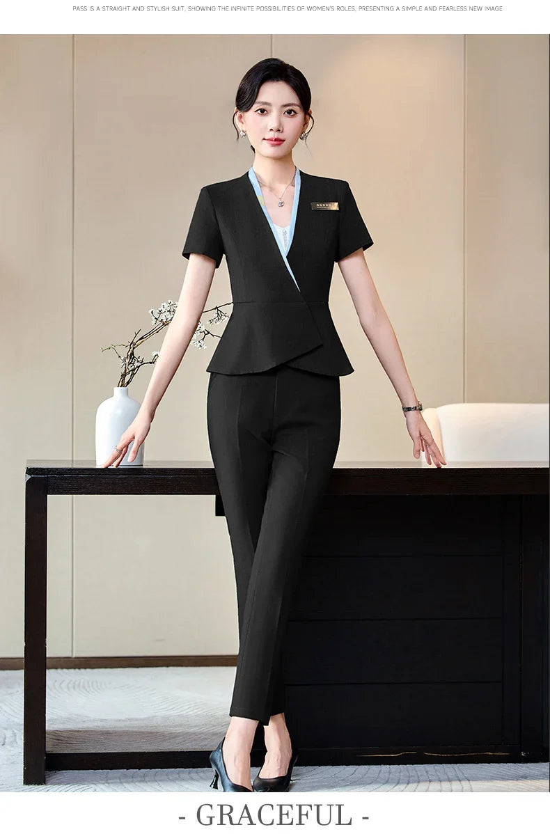 Fashionable professional women's clothing, high-quality short-sleeved suit jacket + pants set, slim and comfortable