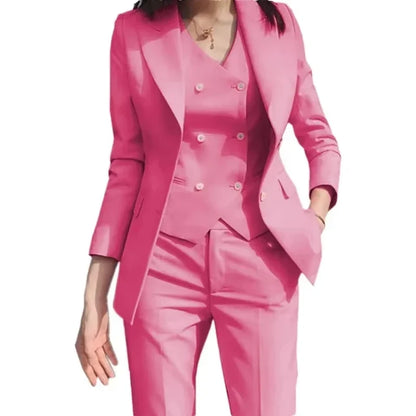 Fashion Luxury Rose Pink Women Suit 3 Pieces Formal Slim Fit Female Women Custom Made Office Work Wear Set Jacket Vest With Pant