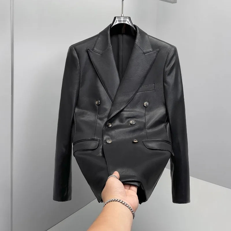 Brand Spring  Autumn Men's Double Breasted Leather Suit Jacket Casual Business Leather Blazers Wedding Groom Social Banquet Coat