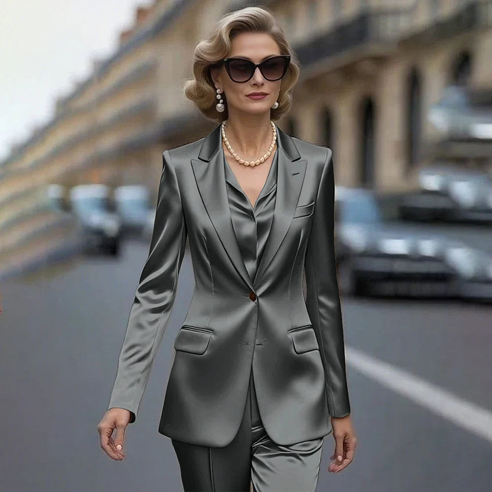 Women's Gold Satin Blazer Suit Set Stylish Single-Breasted Jacket+Pants Luxe Shiny Two-piece for Cocktail Party Wedding Guest