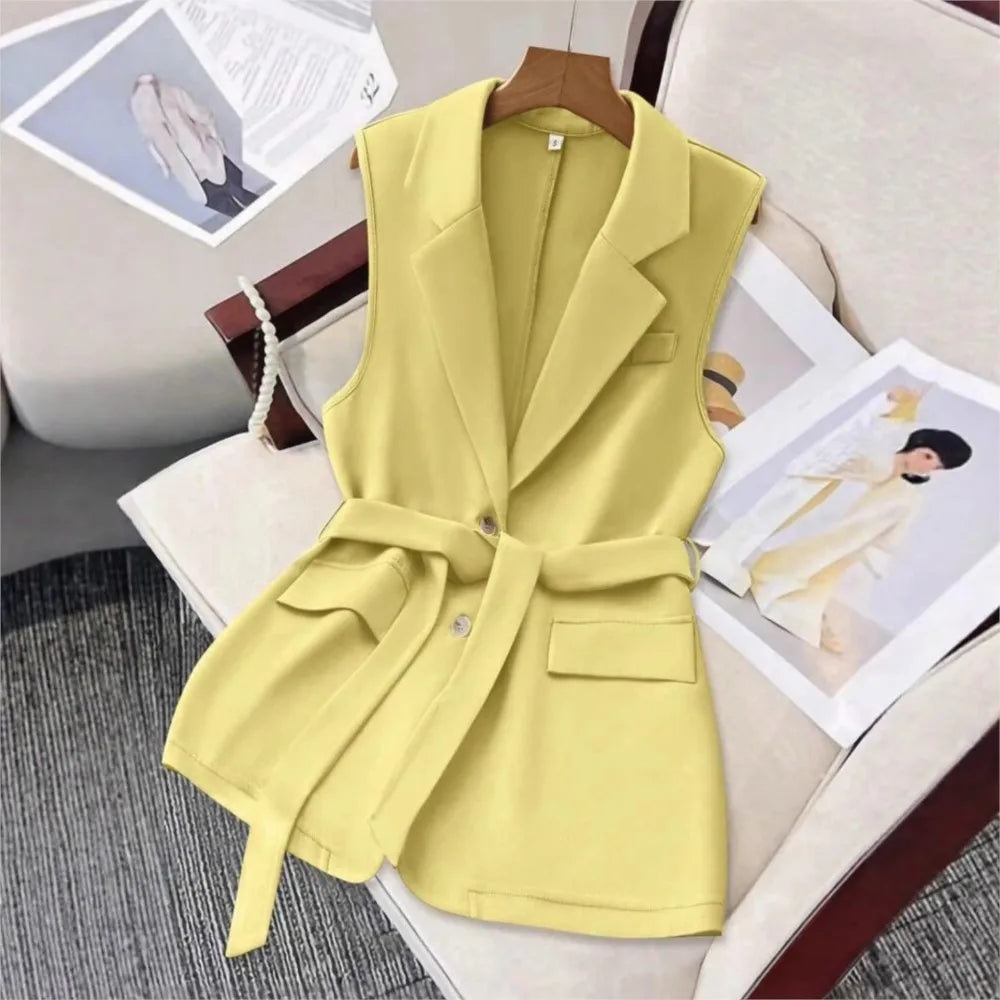 Fashion Sleeveless Slim Suit Collar Women Vest Spring Autumn New Single Breasted Elegant Lace Up Female Versatile Vest Tops 2025