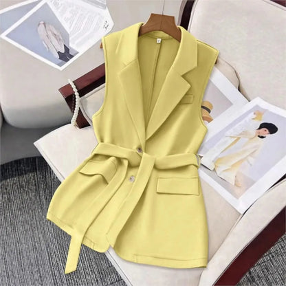 Fashion Sleeveless Slim Suit Collar Women Vest Spring Autumn New Single Breasted Elegant Lace Up Female Versatile Vest Tops 2025