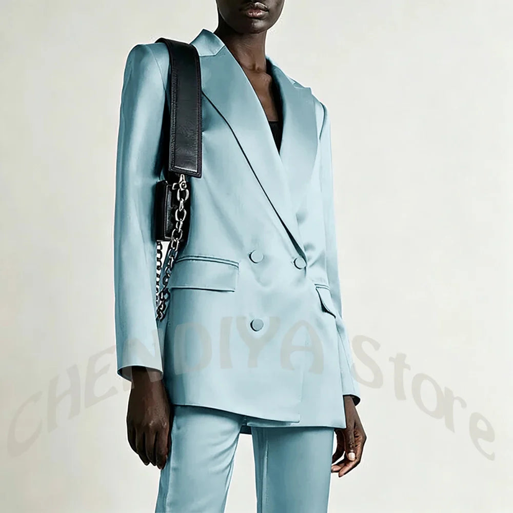 Tailored Business Attire Women Suit Elegant Satin Pink Peaked Lapel Slim Double Breastde Outfit Two Piece Office Work Female Set