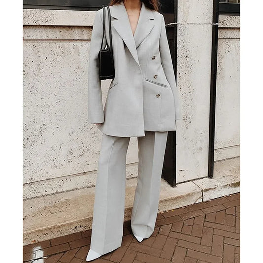 Elegant Grey Double Breasted Women Pants Set High-end Female Two Pieces(Jacket+Trousers)أطقم بناطيل