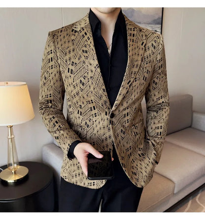 Korean Slim Fit Casual Suit Jacket for Men Fashion Camouflage Business Social Blazers Wedding Streetwear Dress Coat Men Clothing