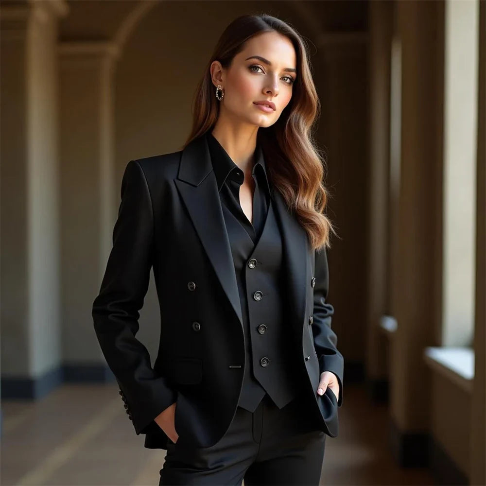 Black 3-Piece (Jacket+Vest+Pants) Women's Suit Women Tuxedo Suit Blazer Dress Prom Slim Fit Formal Office Lady Blazer Set