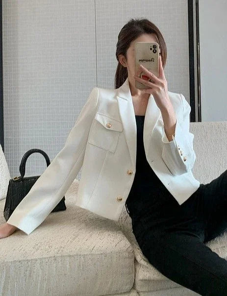 Women's New Petite Short White Suit Jacket Blazer Premium Casual Solid Color Spring Autumn Korean Style Elegant Temperament