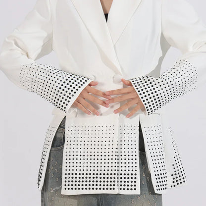 2026 Spring Autumn New Women's Blazer Notched Collar Double Breasted Split Studded Diamonds High-end Elegant Jacket HK18785