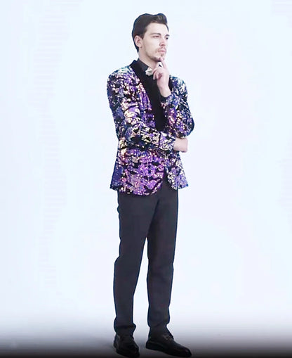 Men's Slim Fit Velvet Tuxedo Blazer Sequin Shawl Lapel One Button Wedding Party Banquet Jacket Shiny Suit Singer Studio Shoot