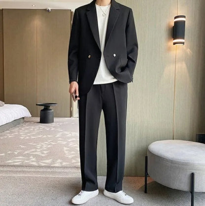 Men's Spring Autumn Casual Blazer Set Korean Slim Fit Lightweight Loose Smart Chic Suit Jacket Fashion Trendy Top