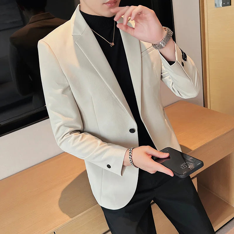 High-Quality Fashionable Men's Slim Fit Business Suit Jacket Autumn Wear Korean Style Pure Color Tweed High-End Feel