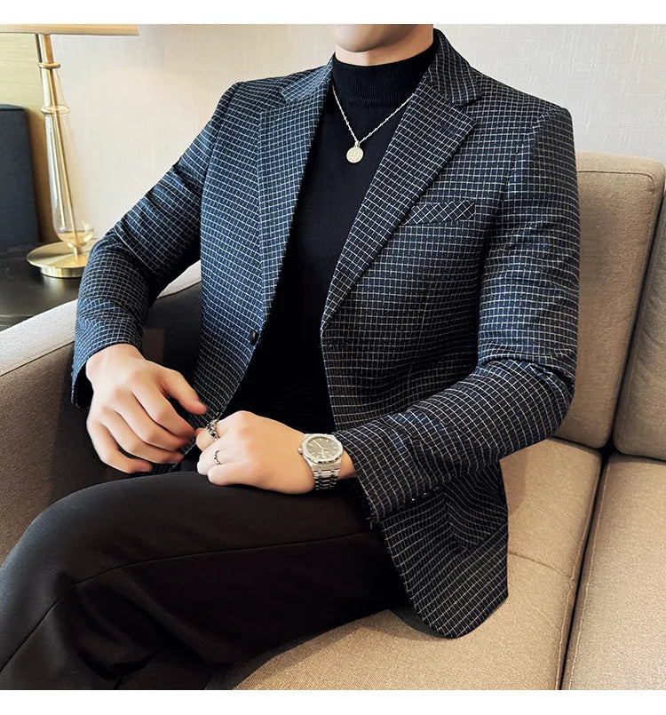 British Style Plaid Suit Jacket For Men 2025 New Business Casual Slim Blazer Formal Wedding Party Suit Dress Coats Men Clothing