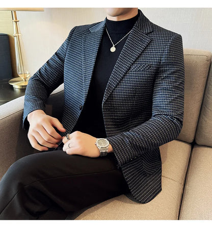 British Style Plaid Suit Jacket For Men 2025 New Business Casual Slim Blazer Formal Wedding Party Suit Dress Coats Men Clothing