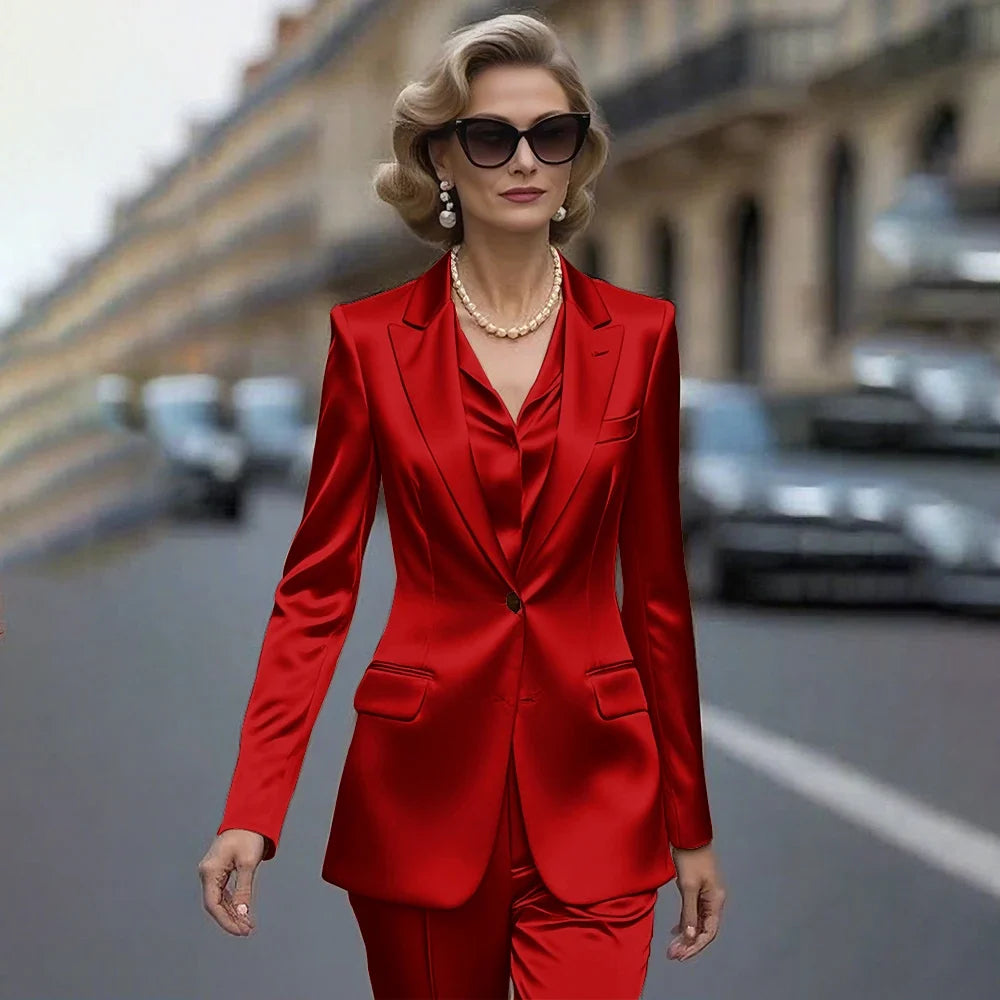 Women's Gold Satin Blazer Suit Set Stylish Single-Breasted Jacket+Pants Luxe Shiny Two-piece for Cocktail Party Wedding Guest