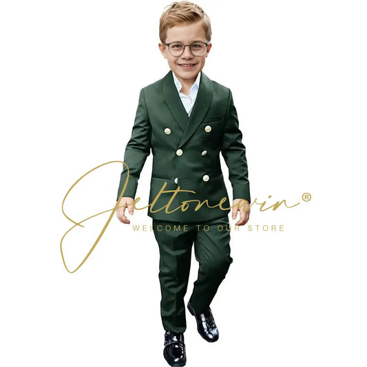 Dark Green Suit For Boys Wedding Tuxedo Jacket Pants 2 Pieces Double Breasted Kids Child Clothes Formal Party Suits Sets