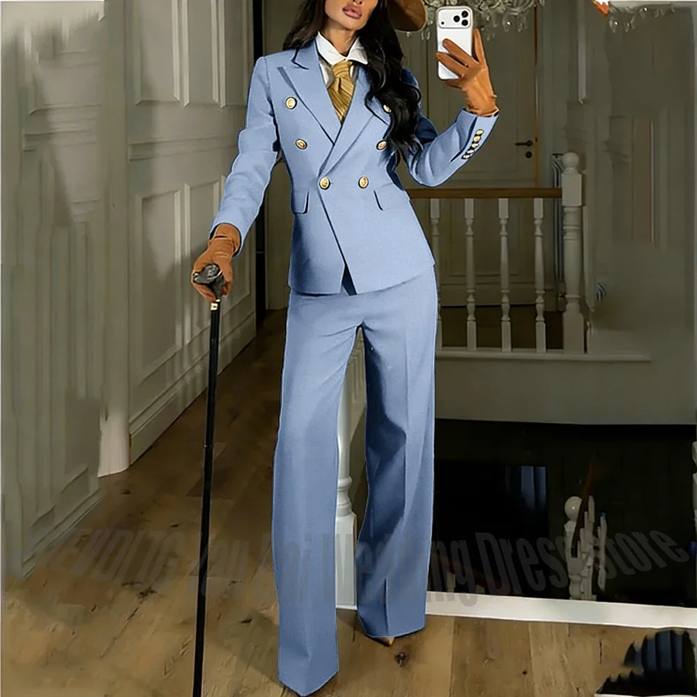 Navy Blue Women's Suit Regular Fitted Customized Peaked Lapel Blazer Professional Outfit(Jacket+Pants) Office Lady Daily Set