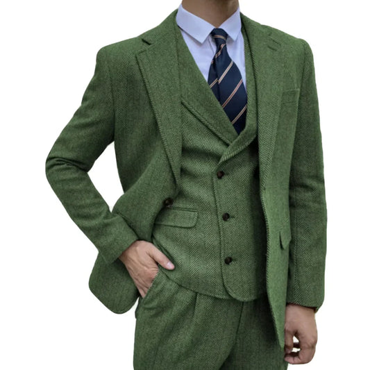 Men Suit 3 Pieces Green Herringbone Double Button For Wedding Banquet Party Business Work Casual Daily Jacket Vest With Pants ﻿