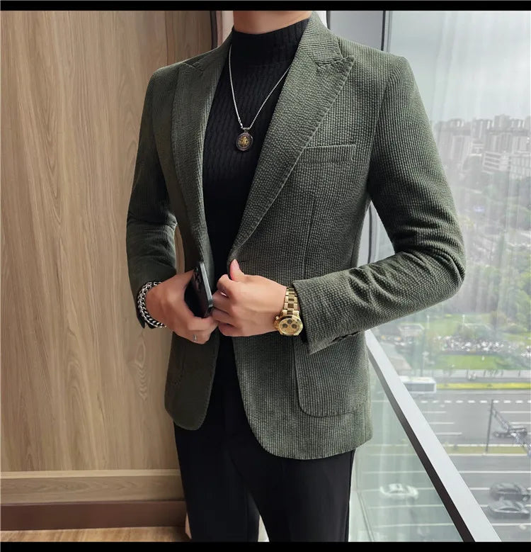Men's Smart Casual Single Breasted Blazer – Spring Autumn Jacket in Green, Black & Coffee