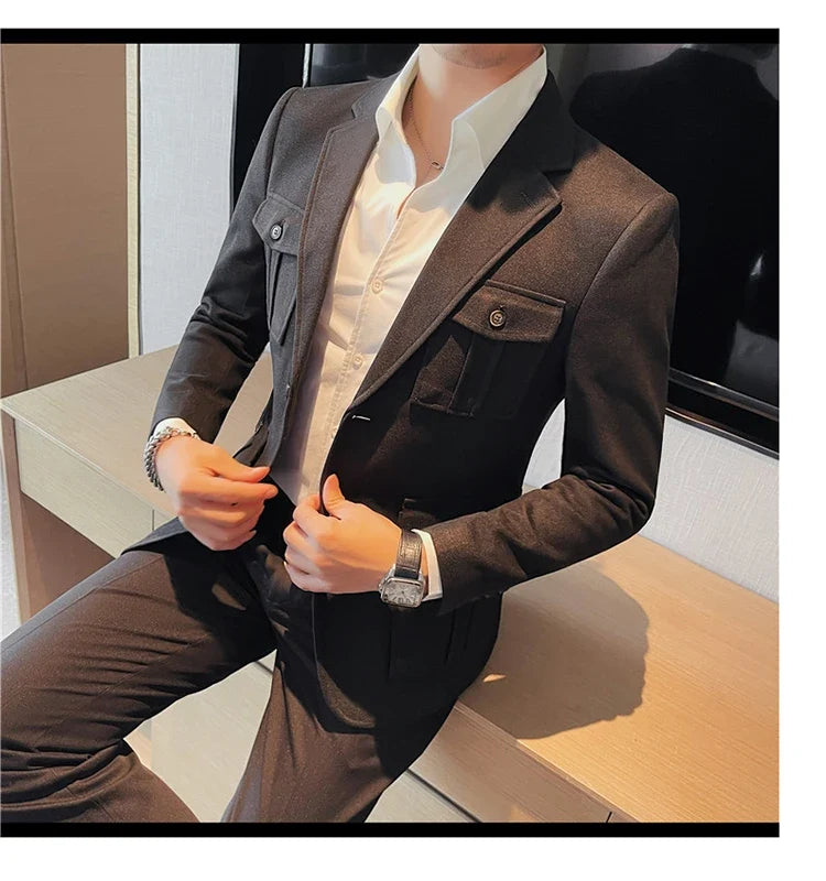 Winter Woolen Suit Jacket for Men Multiple Pockets Slim Fit Casual Business Blazers Masculino Wedding Streetwear Social Coats