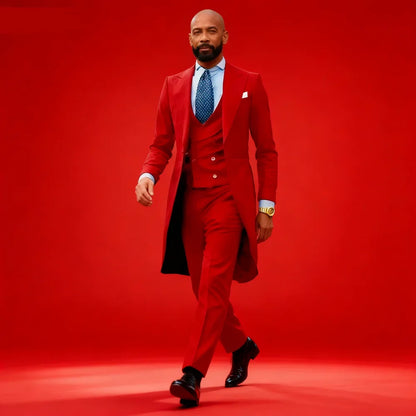 Costume 3 pièces élégant rouge pour homme coupe slim, blazer à simple boutonnage, gilet et pantalon, idéal pour mariage, smoking de marié, ou tenue d'affaires et de soirée