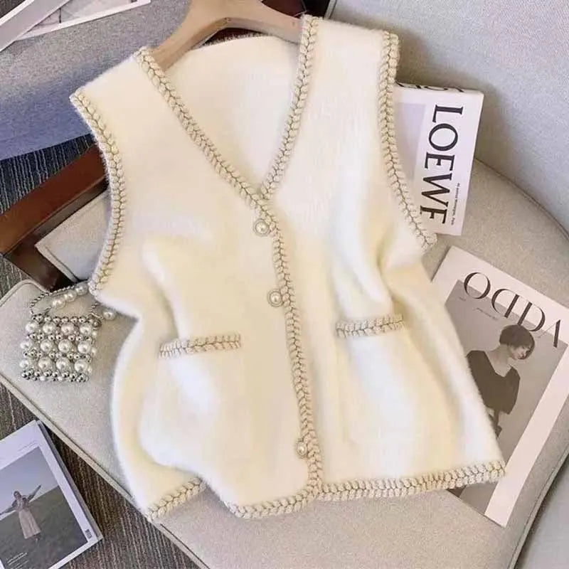 Spring And Autumn Annals Female New V-neck Knitted Mink Velvet Vest Women Xiaoxiangfeng Sweater V-neck Vest Shoulder Tops Jacket