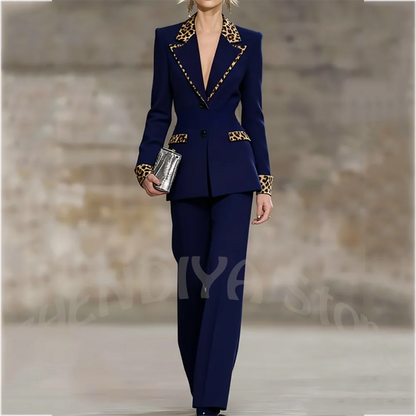 Fashion Desingn Women's Suit Set Leopard Patchwork Notch Lapel Blazer Pants Runway Office Business Casual Tailored Outfit