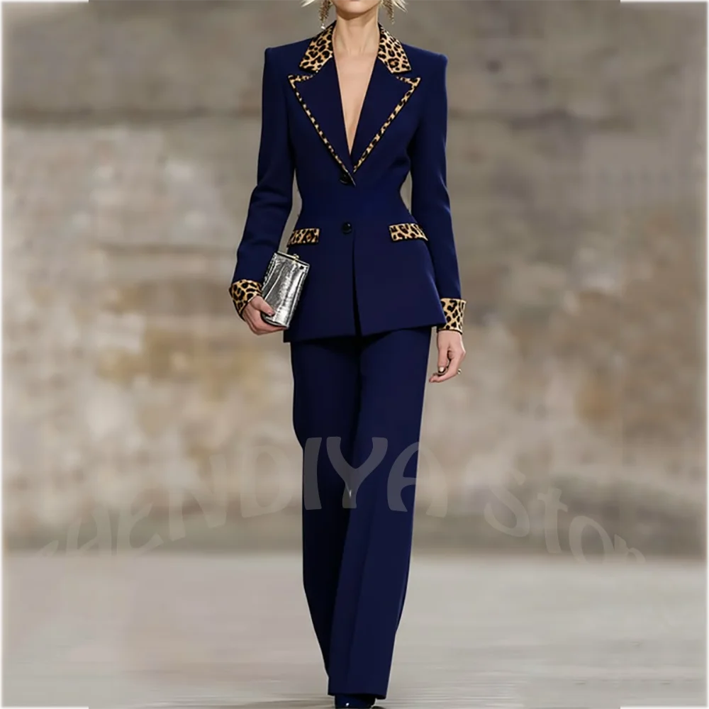 Fashion Desingn Women's Suit Set Leopard Patchwork Notch Lapel Blazer Pants Runway Office Business Casual Tailored Outfit
