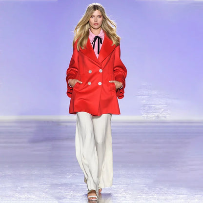 Modern Women's Red Double Breasted Satin Suit Oversized Formal Office Suit 2 Pieces Jacket+Pants Elegant Banquet Wedding Outfit