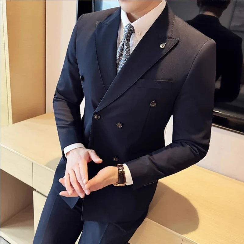 Men's Double Breasted Slim Fit Suit Set – Wedding & Smart Casual – Navy Blue, Brown, Black