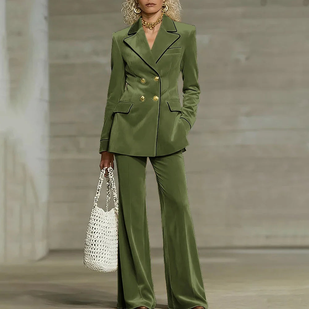Luxury Women Yellow Velvet Clothing Double-Breasted Blazer+Pants Sets Elegant Winter Daily Suit Slim Fit Office Outerwears