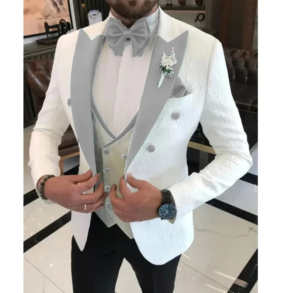 Men's Floral Wedding Tuxedo 3-Piece Set Double Breasted Jacket with Vest Peak Lapel Groom's Fashion Suit Male Wedding Attire