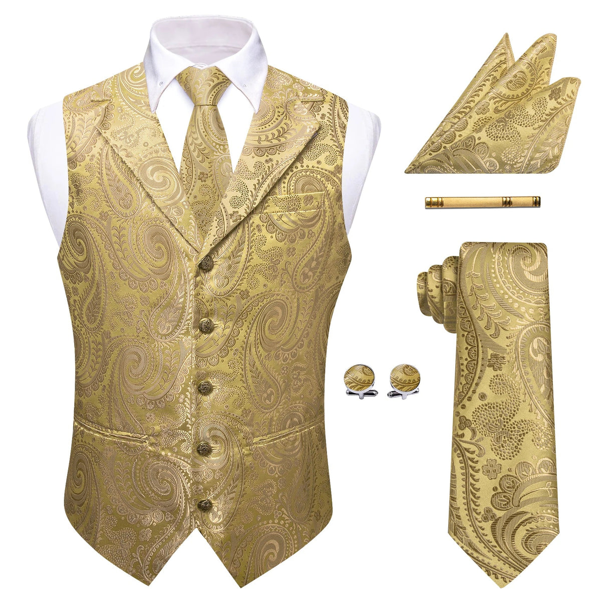 Men's Paisley Waistcoat Vest with Tie Hanky Cufflinks Set for Wedding and Banquet