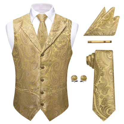 Men's Paisley Waistcoat Vest with Tie Hanky Cufflinks Set for Wedding and Banquet