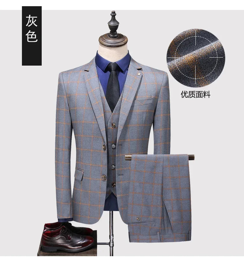 Men's Suit Set – Blazer, Vest & Trousers – British Grid Smart Casual for Business & Weddings
