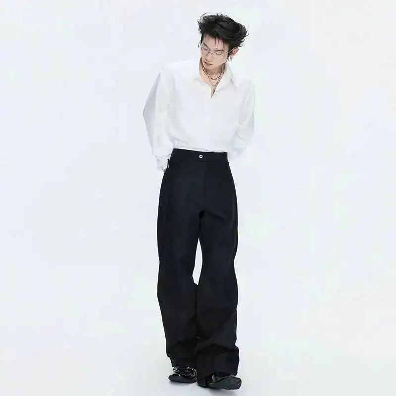 2026 Spring Patchwork Design Cross Collar Solid Color Casual Jacket Men Fashion Elegant Temperament Straight Pants JY6553