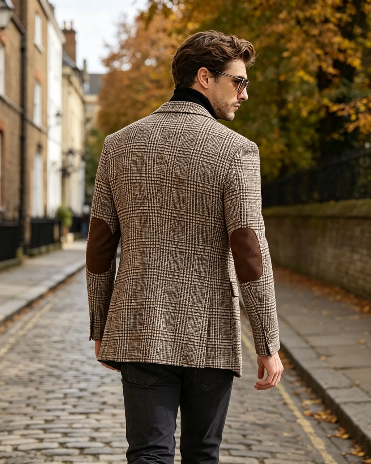 Vintage Wool Blend Plaid Men's Jackets Notched Collar Slim Fit Single Breasted Blazers With Suede Elbow Patches Business Casual