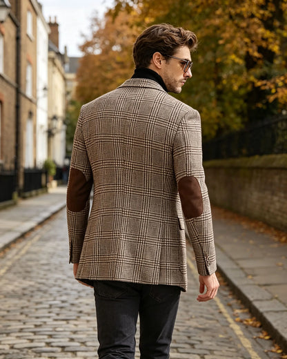 Vintage Wool Blend Plaid Men's Jackets Notched Collar Slim Fit Single Breasted Blazers With Suede Elbow Patches Business Casual
