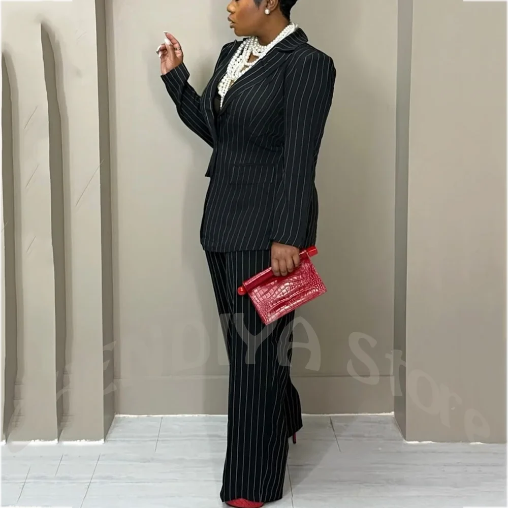 Formal Black Stripe Women's Pant Suits Notch Lapel Single Button Business Work Special Occasion Chic Elegant Outfit Attire