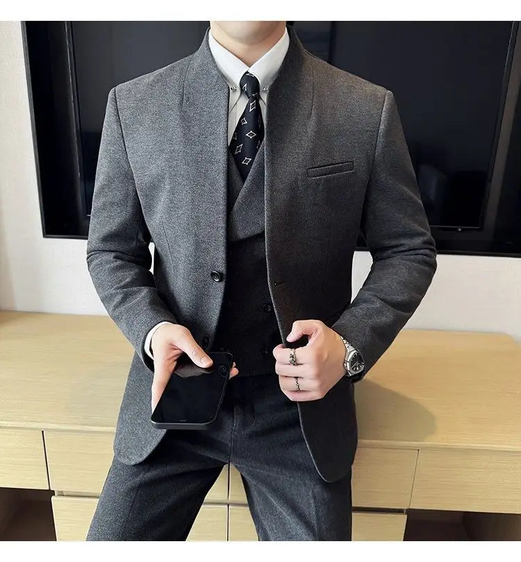 Men's 3-Piece Slim Fit Stand Collar Suit – Wedding, Prom & Office Formal Set