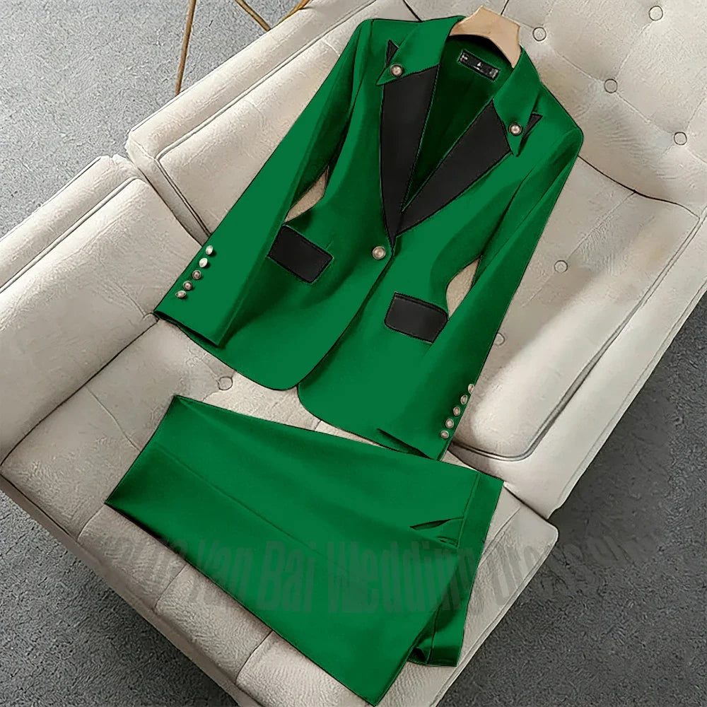 New Unique Women Pant Suit Contrast Color Modern Outfit One-Button Peaked Lapel Casual Fashion Daily Female Clothes Set 2 Piece